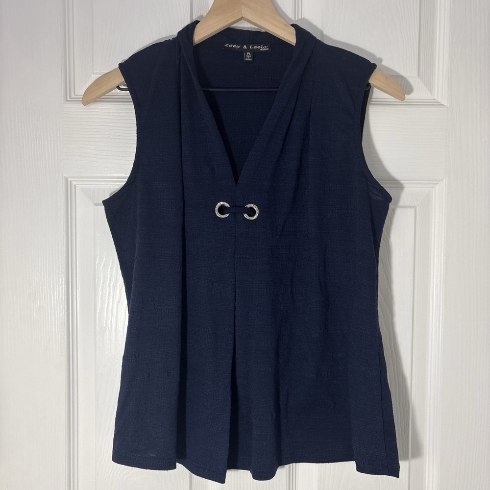 Womans Dark Blue Flowy Tunic Sleeveless Size PL V Neck Zoey & Leelo Stretch Top
